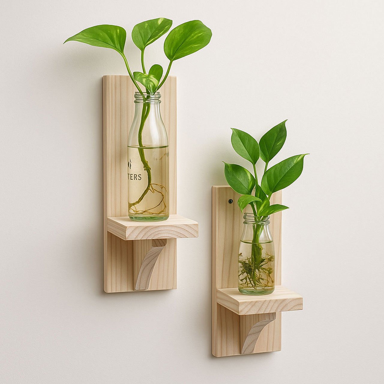 01-14.jpg Small Wooden Wall Shelves for Plants – Set of 2 | Mini Floating Wall Shelf | 1-Tier Each | Wall Mounted Decorative Rack | Beige | Ideal for Succulents, Candles, Home Décor - Image 1