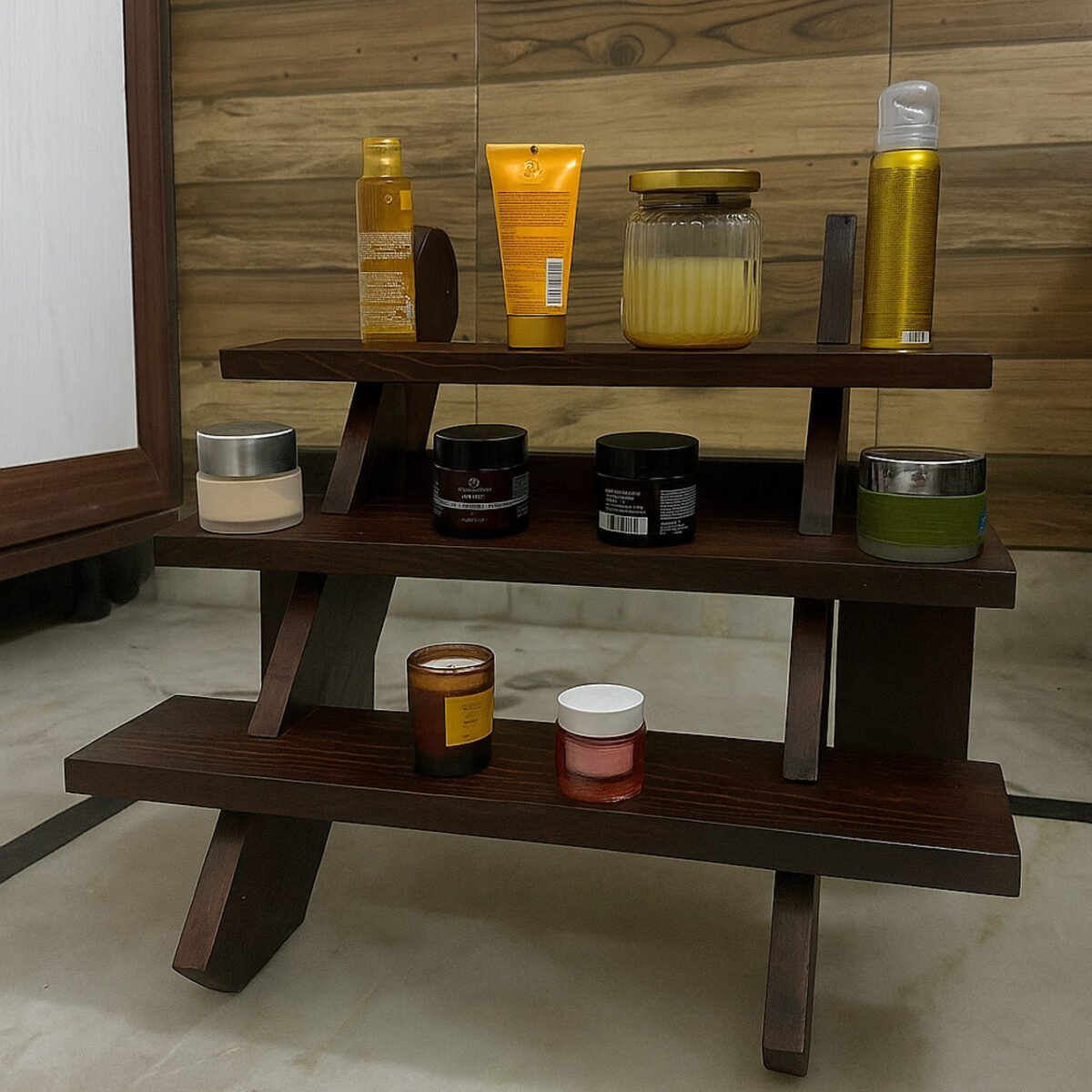 Collapsible Wooden Staircase Display Stand – 3-Tier Brown Customizable Organizer for Craft Fairs & Artisan Markets - Image 1