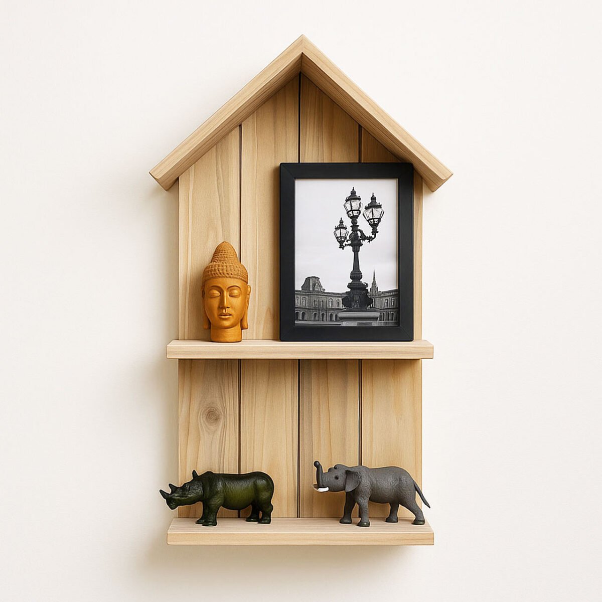 Mini House Design 2-Tier Wall Shelf | Wooden Hanging Rack for Home & Office - Image 1