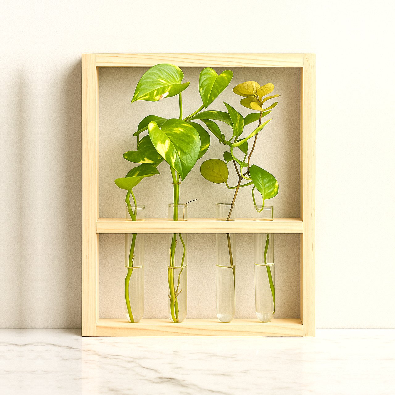 01-7-2.jpg Wall Hanging Glass Planter | Pinewood 4 Test Tube Propagation Station & Tabletop Terrarium for Home, Kitchen & Wedding Decor - Image 1