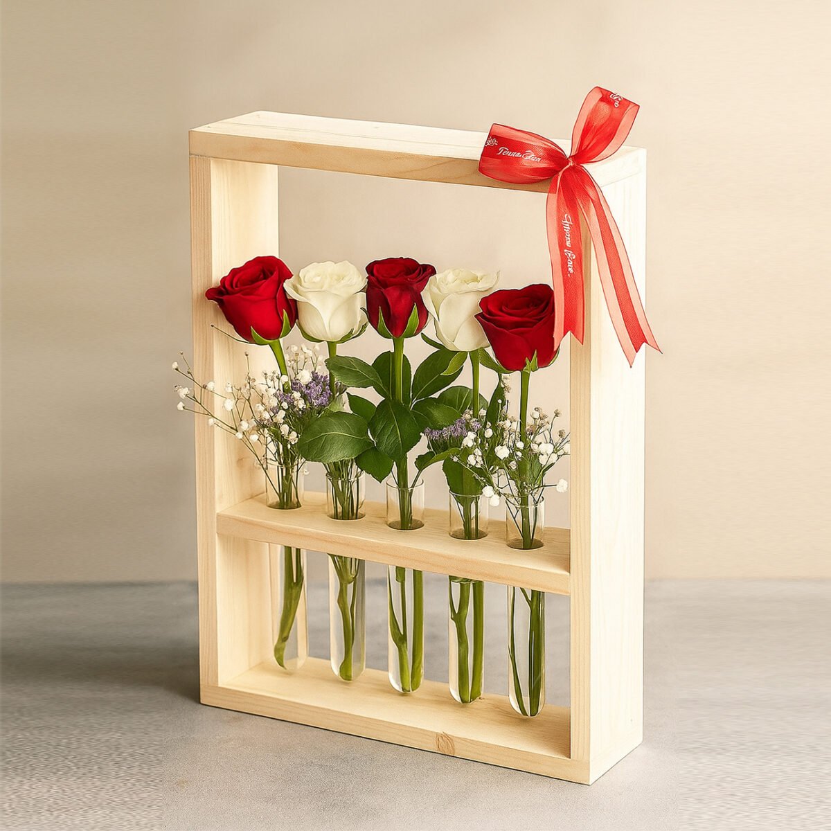 Wall-Mounted 5 Test Tube Planter | Pinewood Hanging Flower Vase for Roses & Plants – Valentine’s Day Gift - Image 1