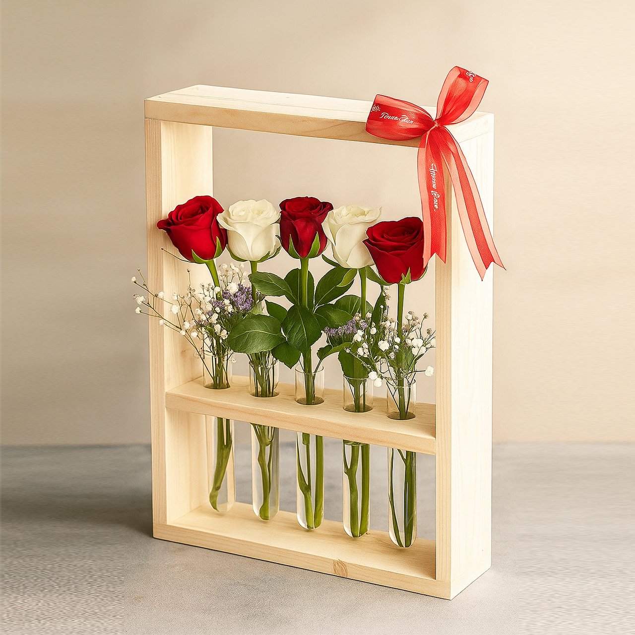 01-9-1.jpg Wall-Mounted 5 Test Tube Planter | Pinewood Hanging Flower Vase for Roses & Plants – Valentine’s Day Gift - Image 1