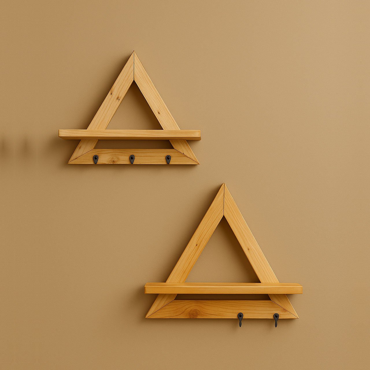 02-1-1.jpg Triangle Wall Shelves – Pinewood with Keyholders - Image 2