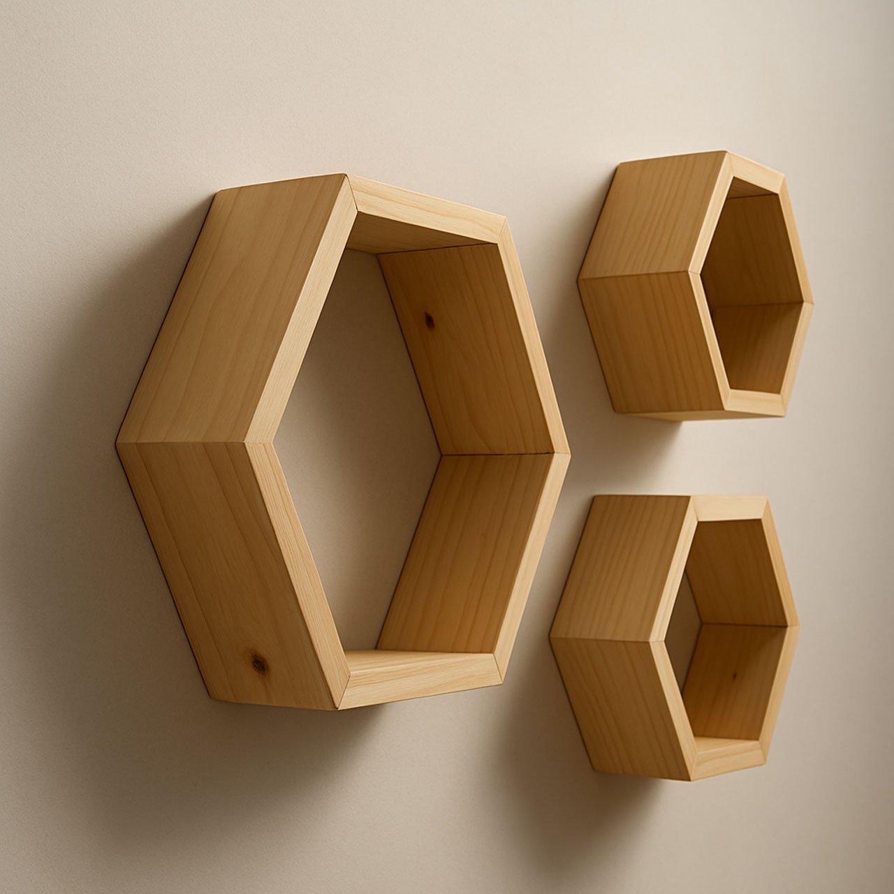 02-10.jpg Hexagon Pinewood Wall Shelves (3-Pack) – Natural Color Floating Shelves for Bedroom & Kitchen | Rennover - Image 2
