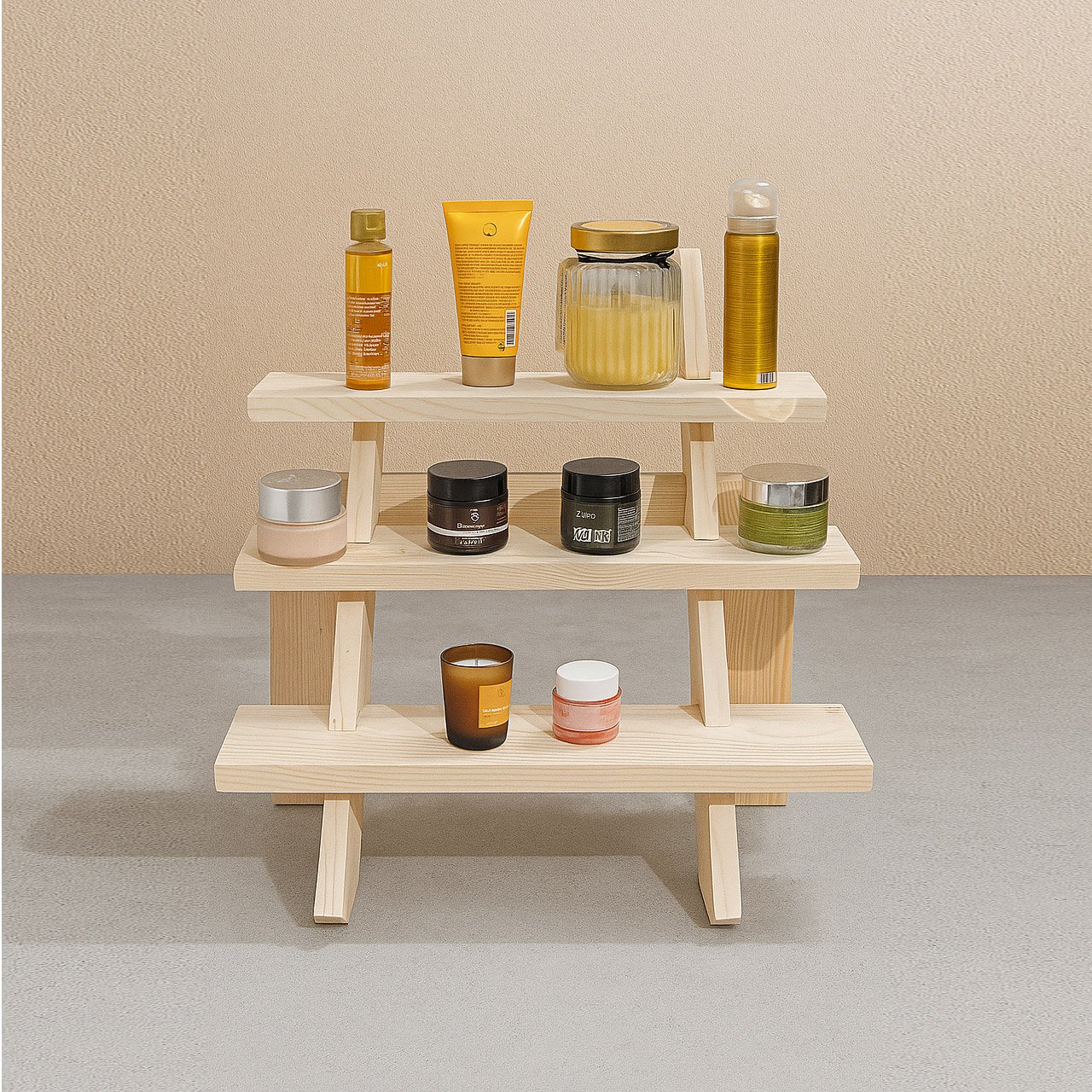 02-17.jpg Collapsible Wooden Staircase Display Stand – 3-Tier Customizable Organizer for Craft Fairs & Artisan Markets - Image 2