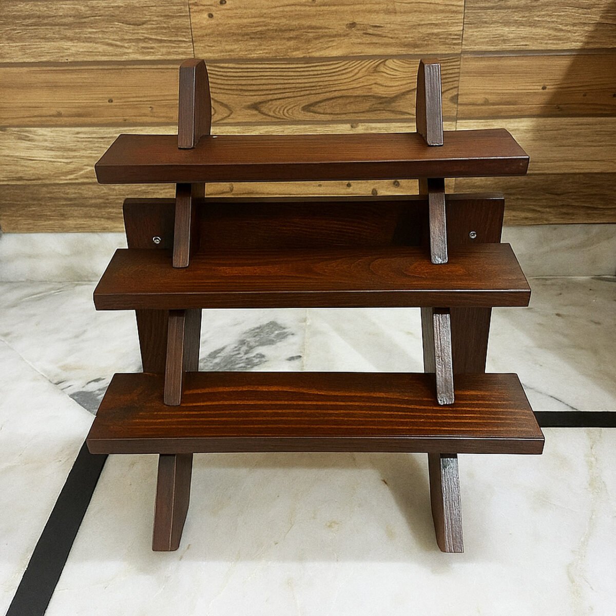 Collapsible Wooden Staircase Display Stand – 3-Tier Brown Customizable Organizer for Craft Fairs & Artisan Markets - Image 2