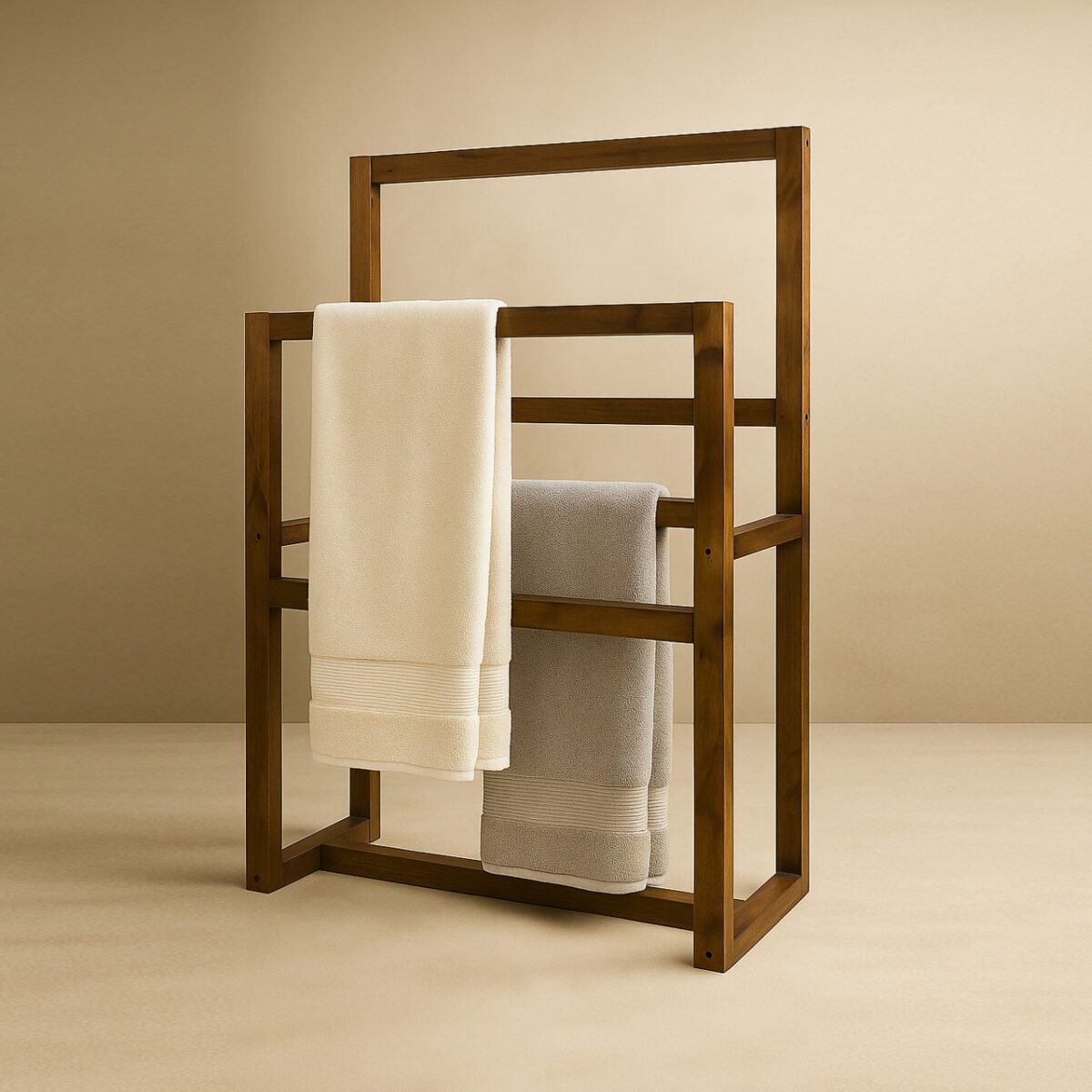 Wooden Towel Rack Holder – 2-Tier Freestanding Towel Stand with Bottom Shelf for Bathroom, Hand Towels, Washcloths, Spa & Corners - Image 2
