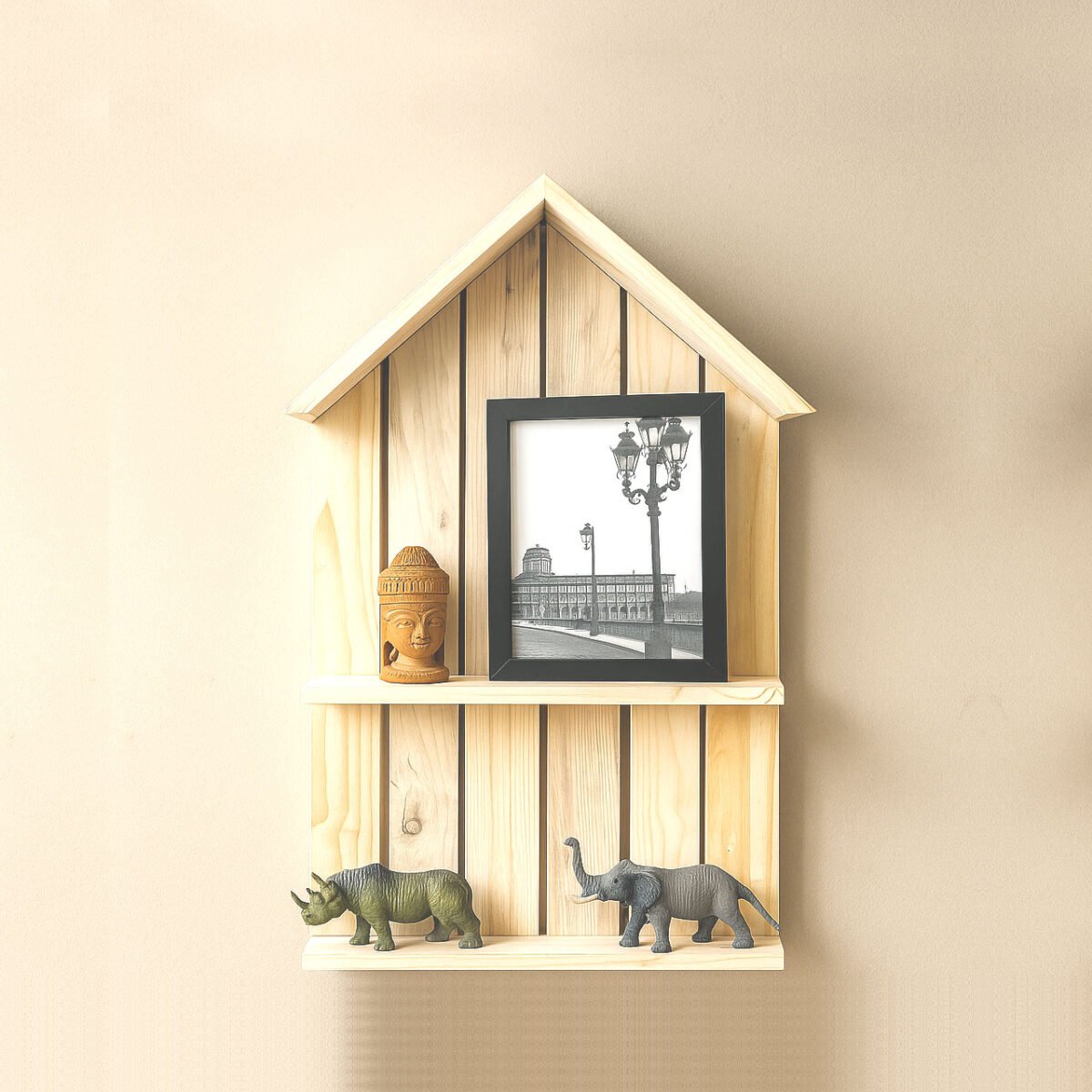 Mini House Design 2-Tier Wall Shelf | Wooden Hanging Rack for Home & Office - Image 2