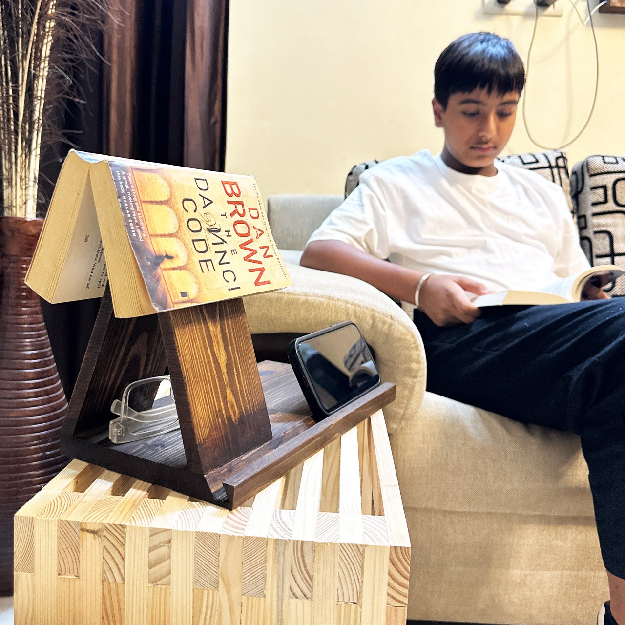 02-5-4.jpg Wooden Book Rest with Cup & Mobile/iPad Holder | Triangle Book Stand & Mug Stand | Portable and Polished Wooden Page Rest - Image 2