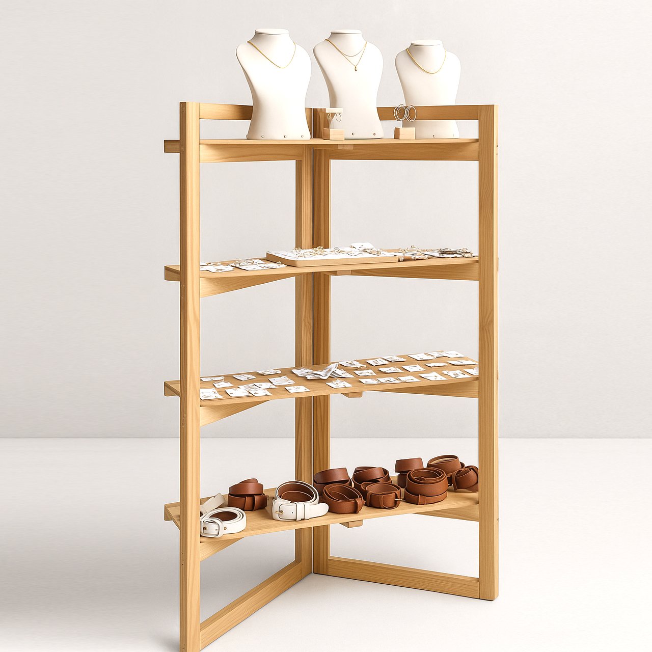 02-9-2.jpg Wooden Display Stand for Market Stalls – 4-Tier Foldable Pine Rack for Pop-Ups & Events - Image 2