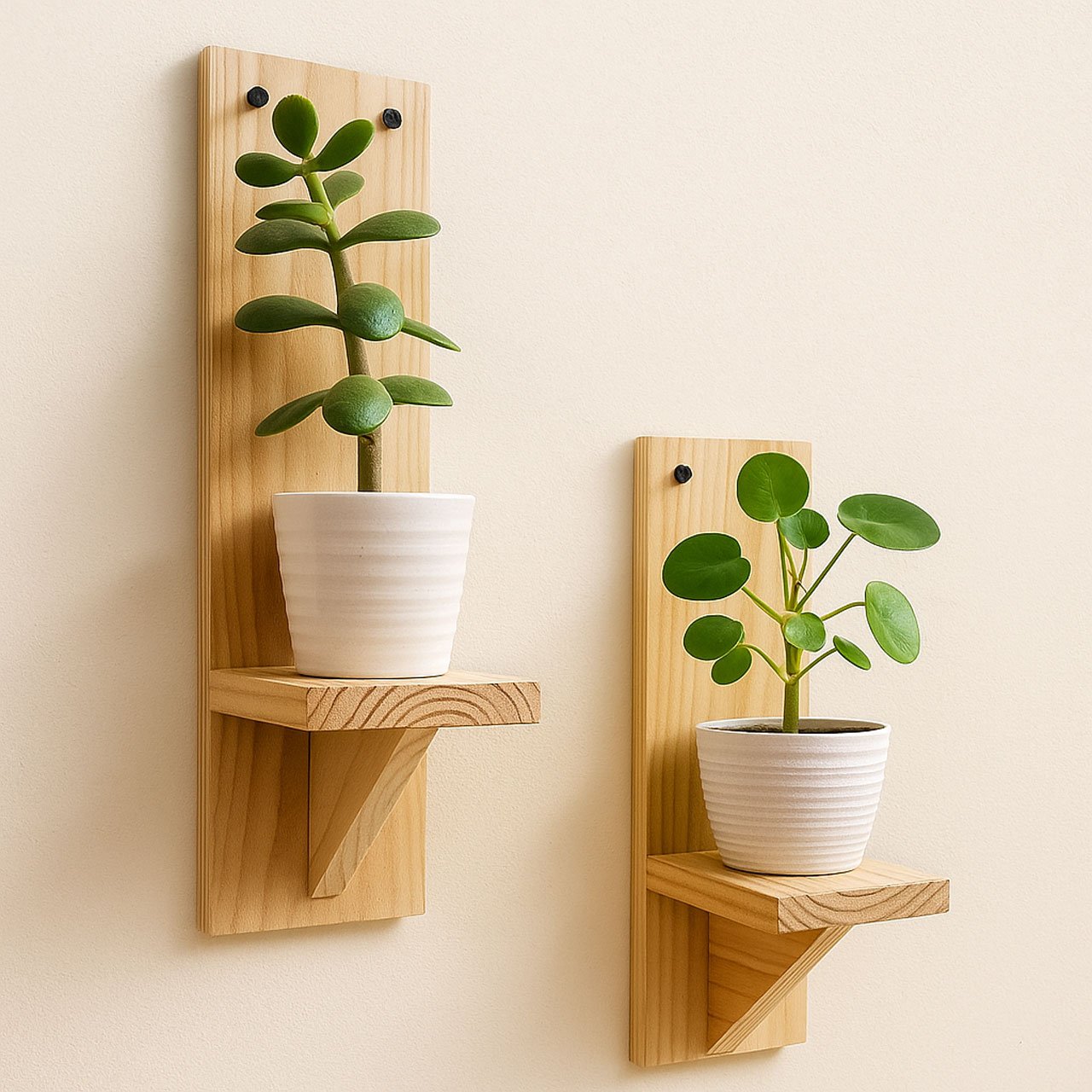 03-12.jpg Small Wooden Wall Shelves for Plants – Set of 2 | Mini Floating Wall Shelf | 1-Tier Each | Wall Mounted Decorative Rack | Beige | Ideal for Succulents, Candles, Home Décor - Image 3