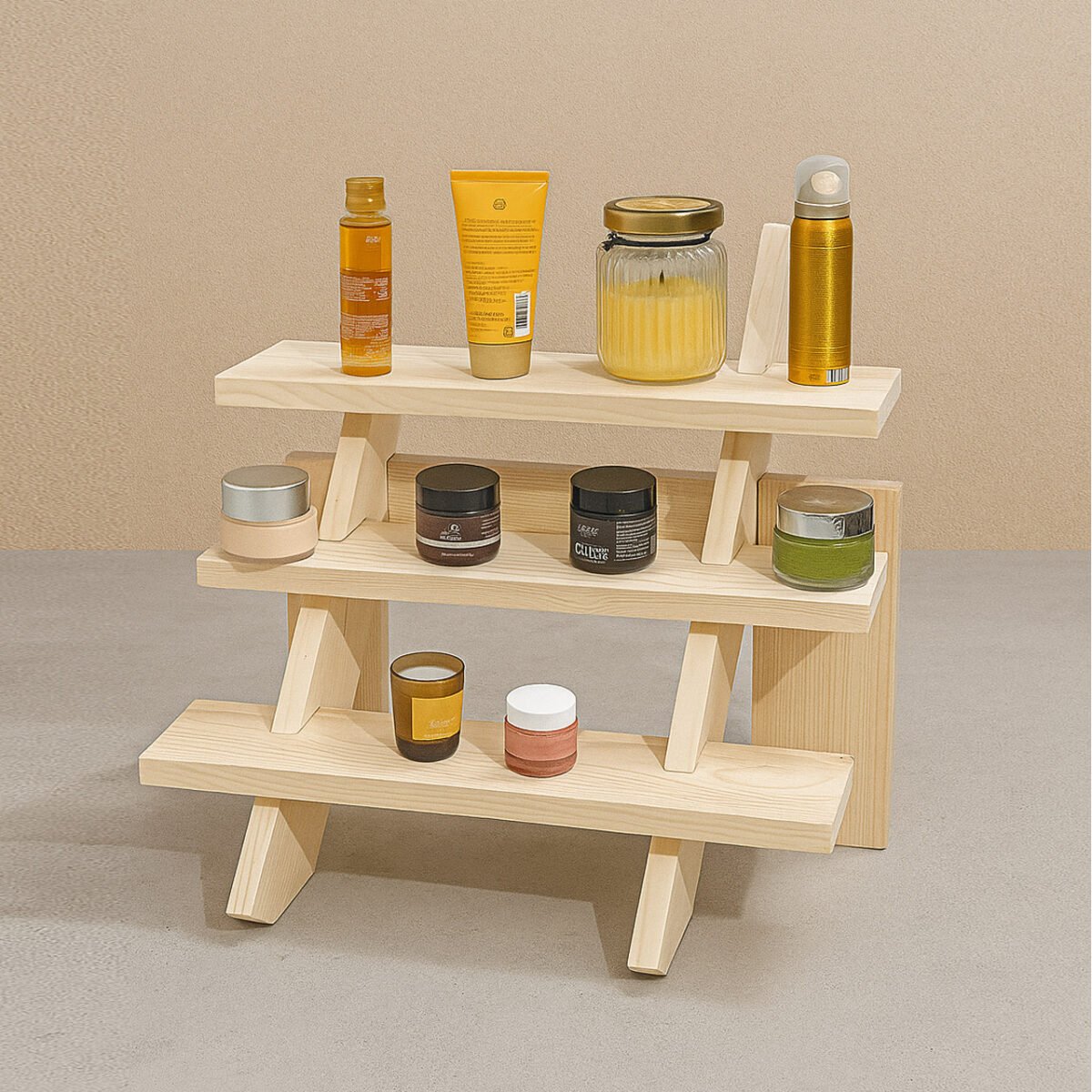 Collapsible Wooden Staircase Display Stand – 3-Tier Customizable Organizer for Craft Fairs & Artisan Markets - Image 1