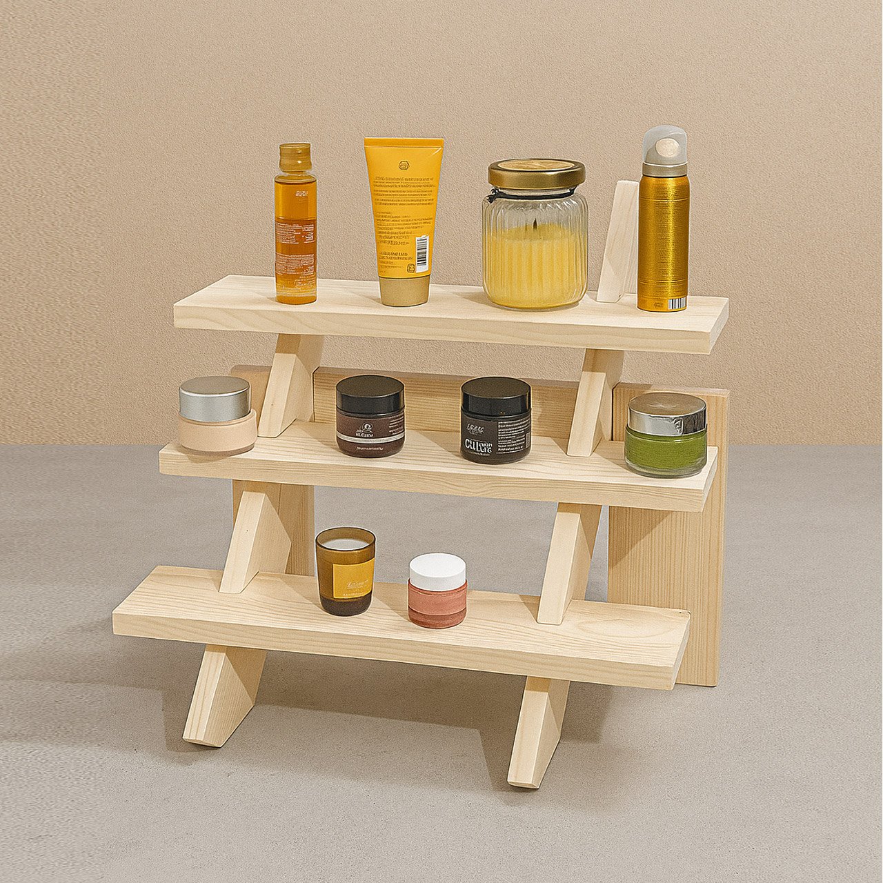 03-17.jpg Collapsible Wooden Staircase Display Stand – 3-Tier Customizable Organizer for Craft Fairs & Artisan Markets - Image 1