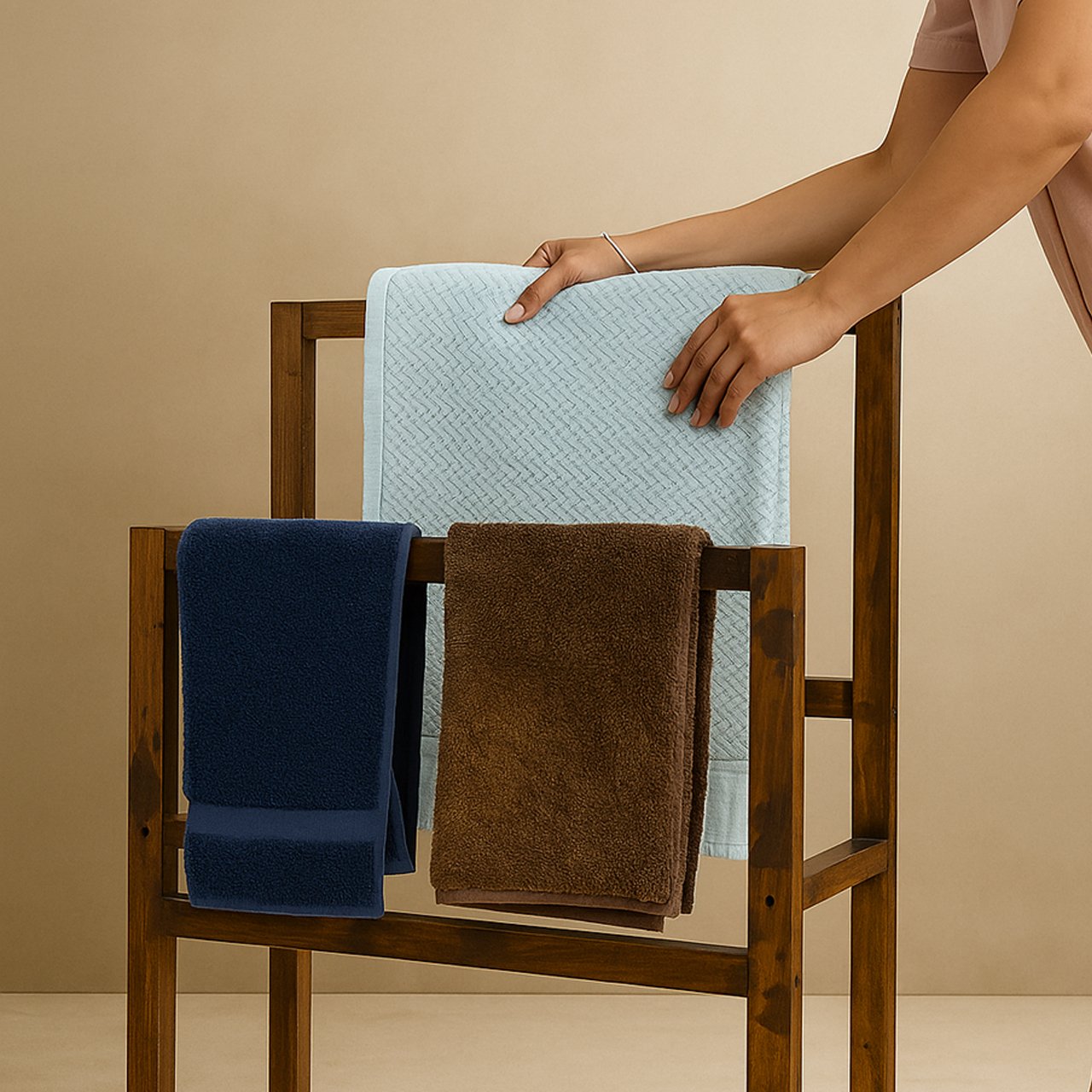 03-3-4.jpg Wooden Towel Rack Holder – 2-Tier Freestanding Towel Stand with Bottom Shelf for Bathroom, Hand Towels, Washcloths, Spa & Corners - Image 3