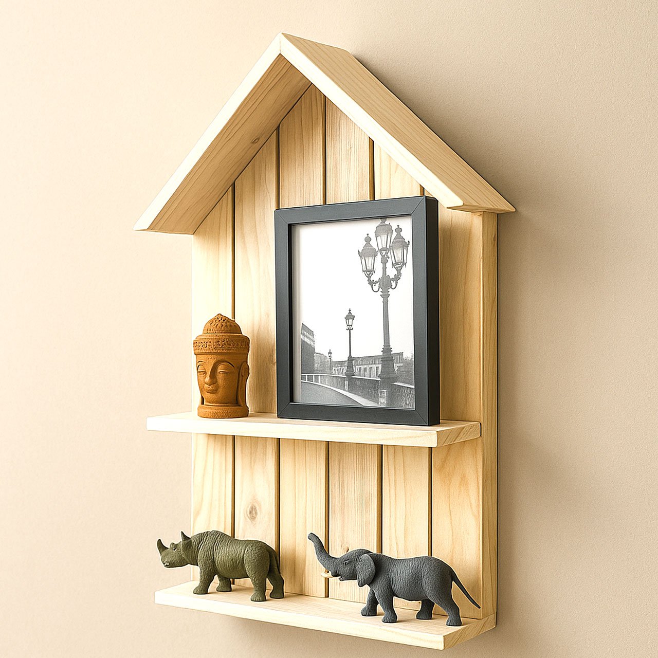 03-5-1.jpg Mini House Design 2-Tier Wall Shelf | Wooden Hanging Rack for Home & Office - Image 3