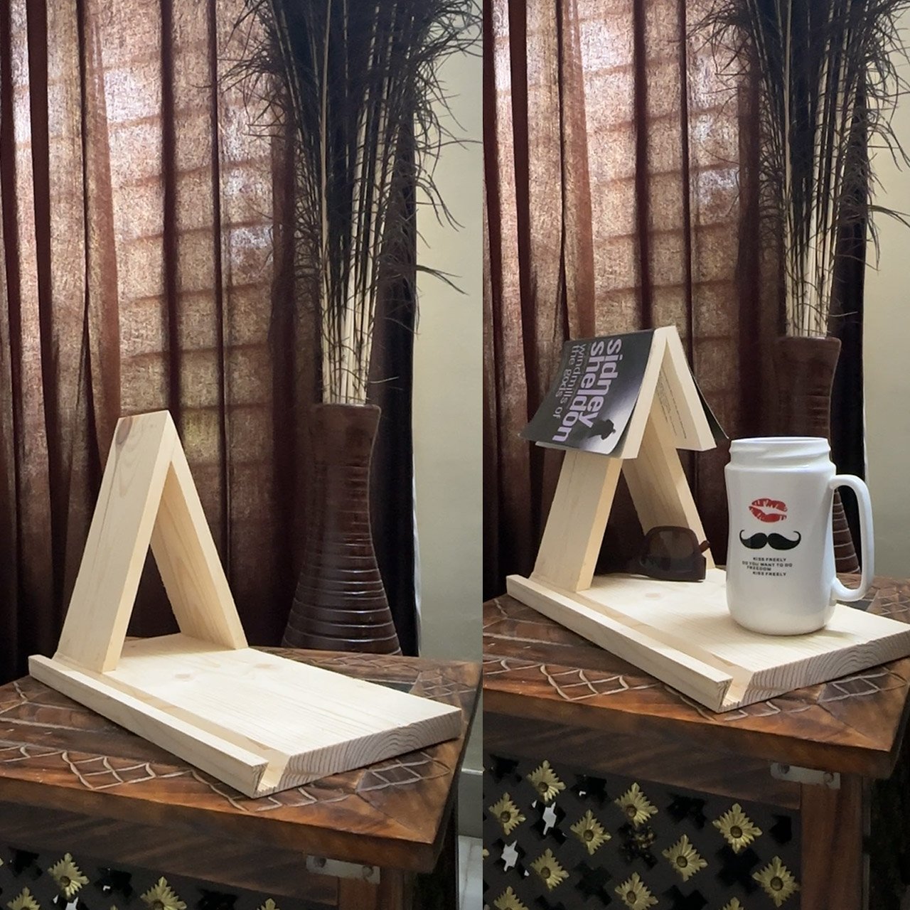 03-5-4.jpg Wooden Book Rest with Cup & Mobile/iPad Holder | Triangle Book Stand & Mug Stand | Portable and Polished Wooden Page Rest - Image 3