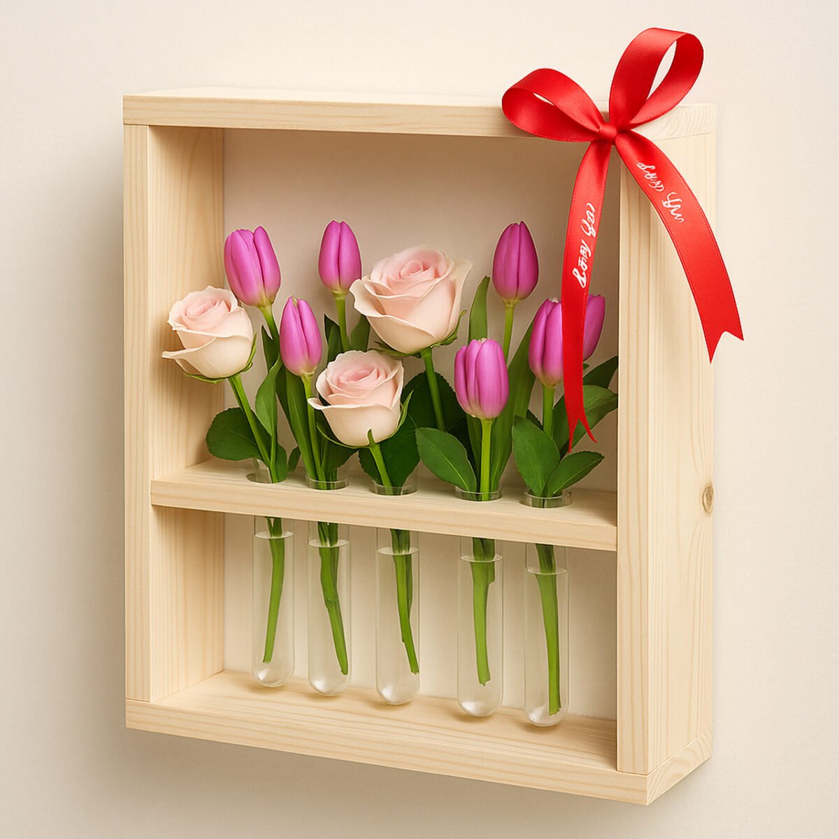 Wall-Mounted 5 Test Tube Planter | Pinewood Hanging Flower Vase for Roses & Plants – Valentine’s Day Gift - Image 3