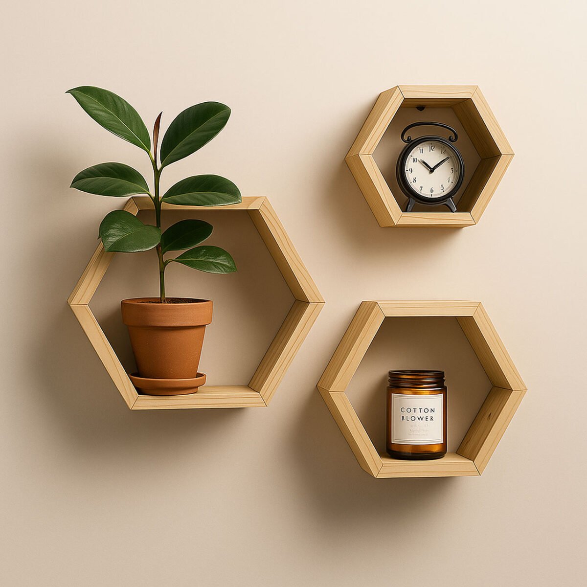 Hexagon Pinewood Wall Shelves (3-Pack) – Natural Color Floating Shelves for Bedroom & Kitchen | Rennover - Image 3