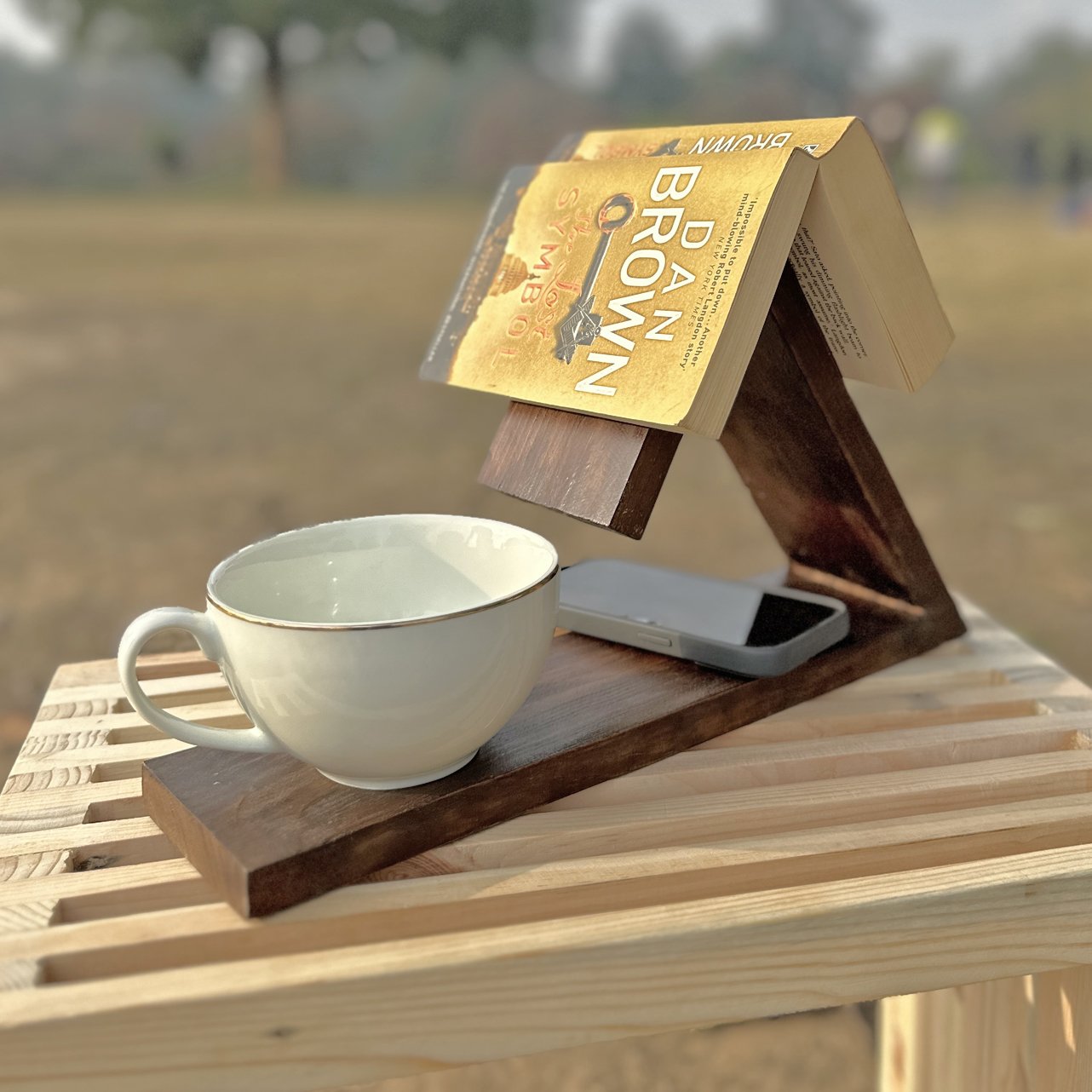 1-1.jpg Personalized Rustic Pine Wooden Book Stand with Glasses Holder and Coaster | Book Rest - Image 1
