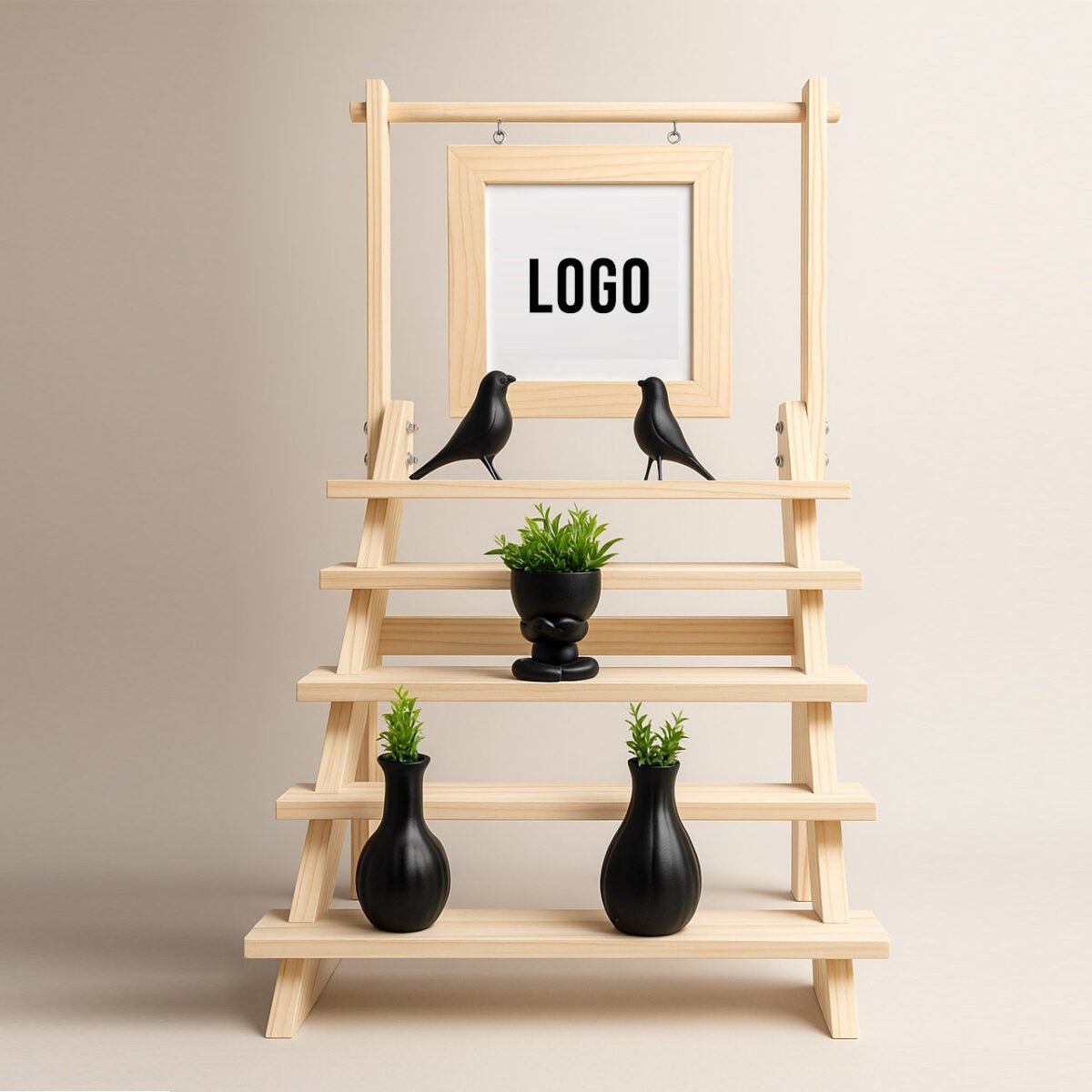 Compact Foldable 5-Tier Wooden Display Stand – Collapsible Staircase Organizer with Branding Frame & 3 Bars | Perfect for Small Businesses, Events & Exhibitions - Image 1
