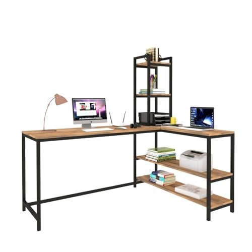 41C023jN4IL KRAYOG L-Shaped Computer Study Table – Wooden & Metal Corner Desk for Home Office and Gaming, Forest Dark & Black Finish - Image 1