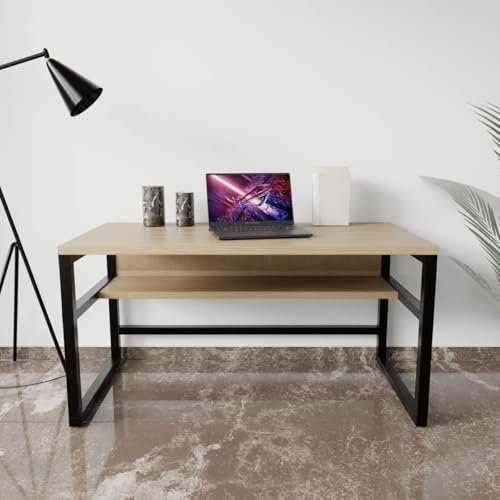 KRAYOG Solid Wood & Iron Study Table – 100 cm Writing Desk for Home & Office, Black & Brown Finish