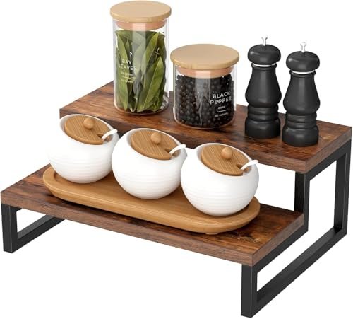 41TWjnqaDVL KRAYOG Rustic Wood Spice Rack – 2-Tier Kitchen Counter Organizer, Dark Brown - Image 2