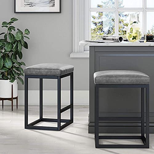51GAJNO+I5S KRAYOG Modern Cushioned Bar Stool – 24” Height, Faux Leather Seat, Metal Frame, Black & Brown Finish - Image 3