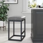 KRAYOG Modern Cushioned Bar Stool – 24” Height, Faux Leather Seat, Metal Frame, Black & Brown Finish