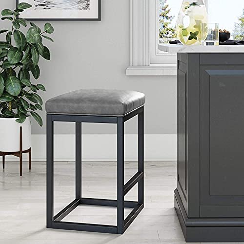 KRAYOG Modern Cushioned Bar Stool – 24” Height, Faux Leather Seat, Metal Frame, Black & Brown Finish