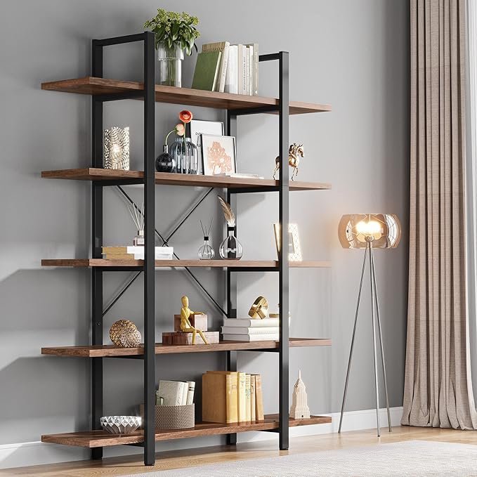 BS2-1.jpg Krayog 5-Tier Bookshelf, Vintage Industrial Style Bookcase 72 H x 12 W x 47L Inches - Image 2