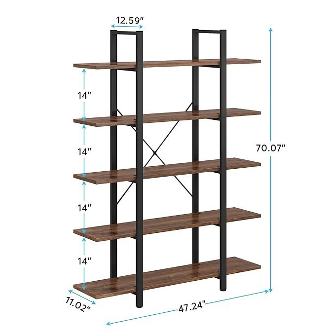 BS2-2.jpg Krayog 5-Tier Bookshelf, Vintage Industrial Style Bookcase 72 H x 12 W x 47L Inches - Image 3