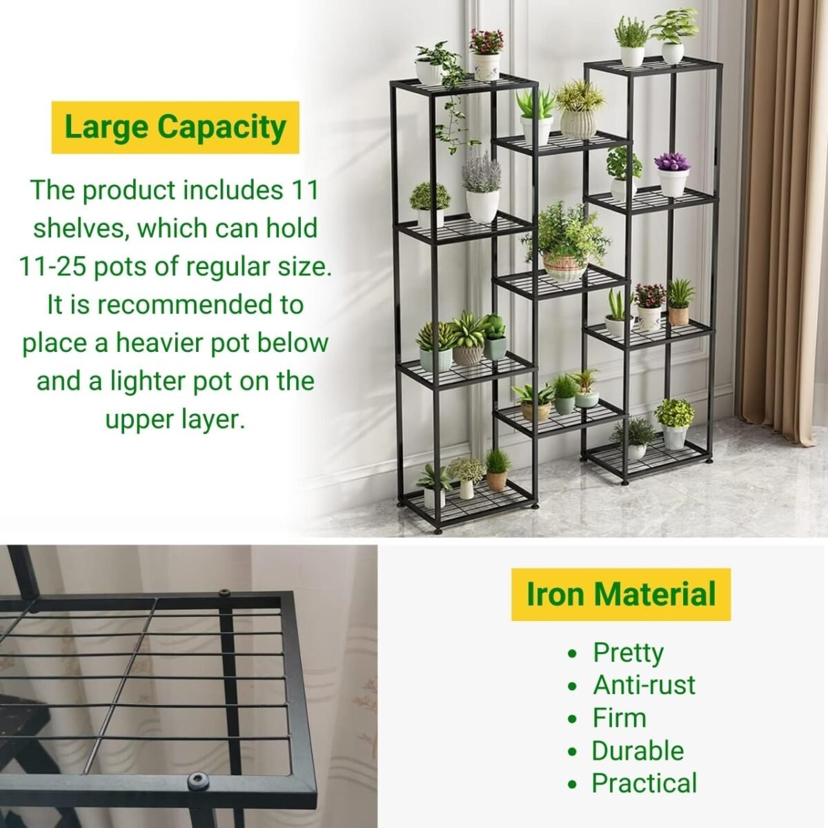 Plant Stands for Outdoor Balcony, Flower Pot Stand for Indoor Plants, Large Metal Planter Stand for Living Room, home decor, Indoor & Outdoor plants, 11 Tier, (Black) - Image 5