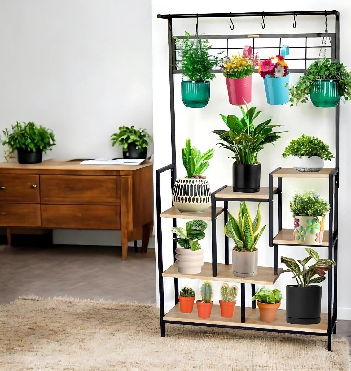 HD2-6 Plant Stands for Outdoor Balcony, Flower Pot Stand for Indoor Plants, Large Metal Planter Stand for Living Room, home decor, Indoor & Outdoor plants, 6 Tier, (PS042-BLK) - Image 7