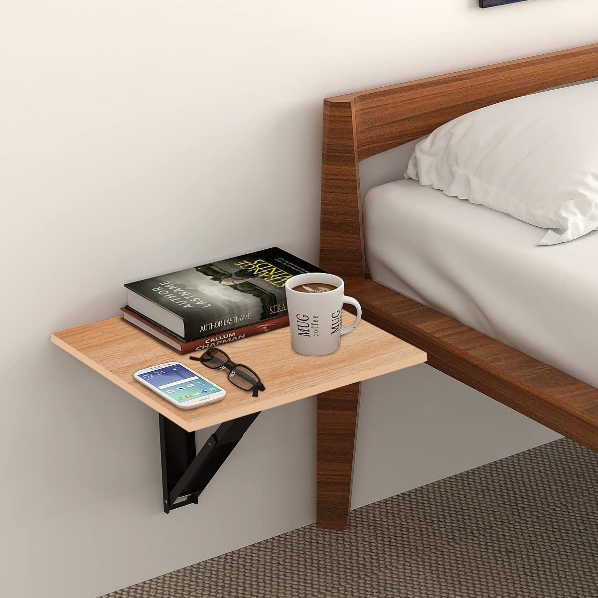 OT3-1 Engineered Wood Wall Mount Bed Side Table, Mini Laptop Table for Home Living Room Study Room Beige - Image 1