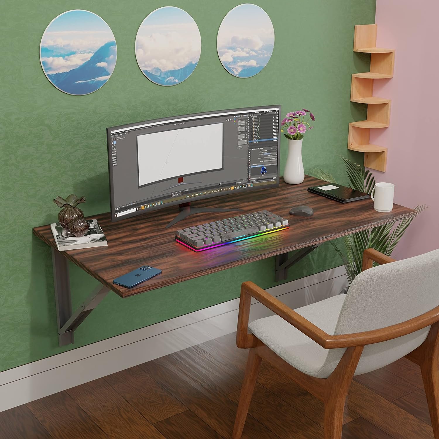 OT4-1 Wall Mounted Study Table, Office Table, Laptop Table, Folding Utility Table for Home Office Portable & Space-Saving Floating Desk (23.5X31.5 Inches Wall Mount Table Brown) - Image 2