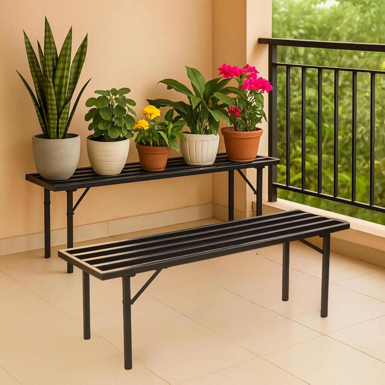 PS5-1 35 Inches Plant Stands for Outdoor Balcony, Flower Pot Stand for Indoor Plants, Large Metal Planter Stand for Living Room, home decor, Indoor & Outdoor plants, 1 Tier, (2 Pack, PS030) - Image 1