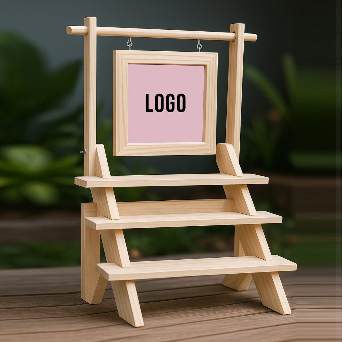 Custom Pinewood Staircase Display Stand – 3-Tier Organizer with Branding Frame & 3 Bars - Image 1