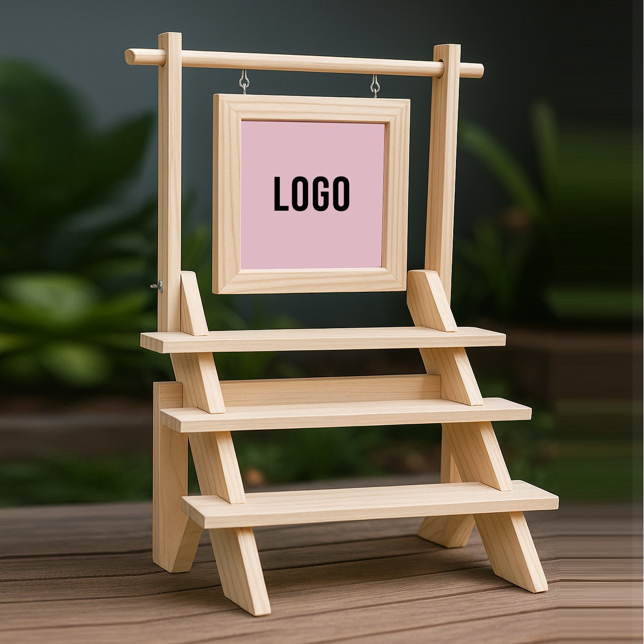 Untitled-1.jpg Custom Pinewood Staircase Display Stand – 3-Tier Organizer with Branding Frame & 3 Bars - Image 1