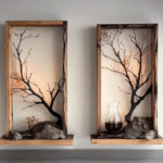 Rustic Tree Branch Shadow Box Wall Shelf with Candle Holder