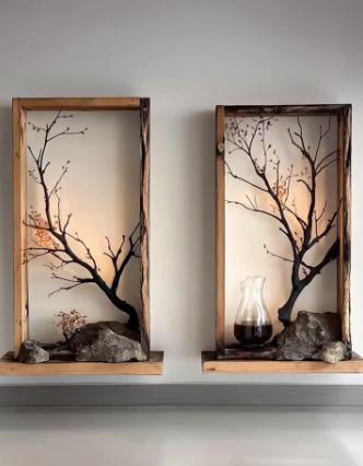 Rustic Tree Branch Shadow Box Wall Shelf with Candle Holder
