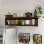 Rustic Wooden Kitchen Wall Shelf with Wire Storage Baskets