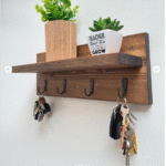 Rustic Wooden Wall Shelf with Key Hooks Organizer