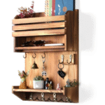 Multi-Tier Wooden Wall Organizer with Mail Slot and Key Hooks