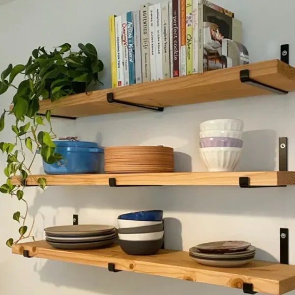 KRAYOG Industrial Pine Wood Wall Shelf – 30mm Thick Floating Shelf with Iron Brackets