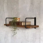 KRAYOG Pehuen Wooden Wall Shelf – Pine Wood with Metal Brackets & Towel Bar
