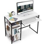 Krayog Computer Table with 3 Tier Bottom Storage & Keyboard Tray - Modern Tabletop Office Desk for PC Laptop, Study, Writing, Gaming Open Bookshelf with Storage [L100 x B45 x H75 cm]White - Matte