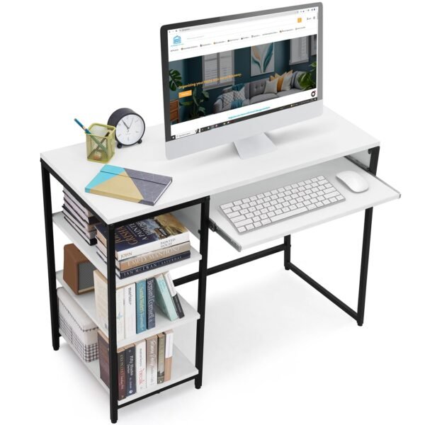 Krayog Computer Table with 3 Tier Bottom Storage & Keyboard Tray - Modern Tabletop Office Desk for PC Laptop, Study, Writing, Gaming Open Bookshelf with Storage [L100 x B45 x H75 cm]White - Matte