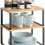 Krayog Cabinet Organizer Shelf, Set of 2 Kitchen Counter Shelves, Kitchen Storage, Spice Rack, Stackable, Expandable, Metal and Engineered Wood, Black and Natural (Wooden)