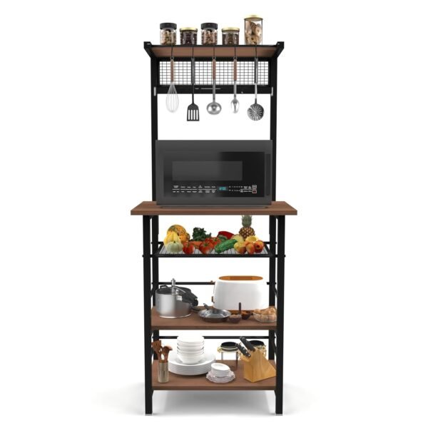 Krayog 5-Tier Multipurpose Countertop Freestanding Storage Rack | Metal & Wood Shelf for Kitchen, Living Room, Bedroom | Space-Saving Organizer with Hooks (Walnut Finish)